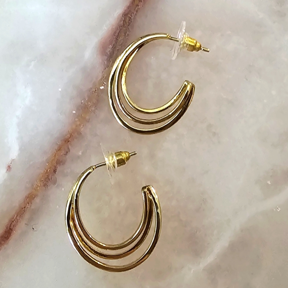 Nickel Free Modern Gold Tri Strand Hoops